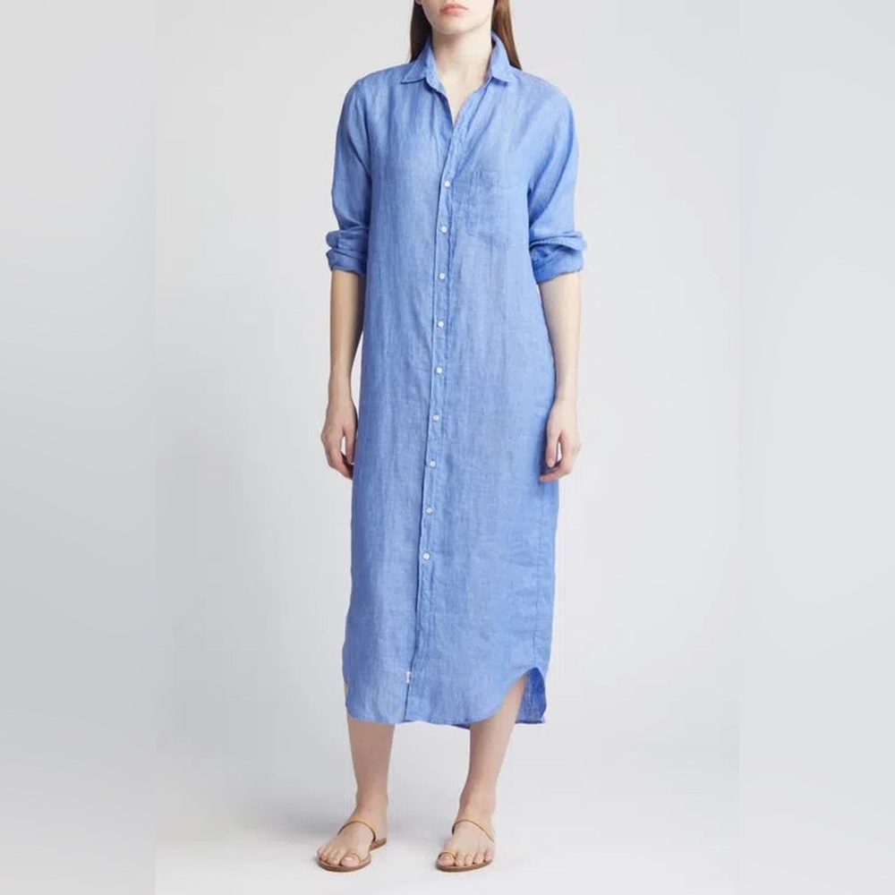 Frank & Eileen Rory Linen Maxi Famous Blue Dress Shirt Long Sleeve Button Sz XXS